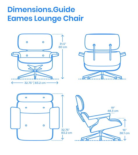 The Eames Lounge Chair and Ottoman is an iconic furniture set that combines soft leather and molded plywood curves to redefine what it means to lounge. The Eames Lounge Chair is 32.75” | 83.2 cm wide, 32.75” | 83.2 cm deep, with a back height of 31.5” | 80 cm and a seat height of 15” | 38.1 cm. Downloads online #chairs #furniture #living #eames #design Ergonomic Lounge Chair, Eames Lounge Chair And Ottoman, Eames Plywood Lounge Chair, Lounge Chair Dimensions, Eames Style Lounge Chair, Eames Design, Big Comfy Chair, Iconic Furniture Design, Lounge Chair Ottoman