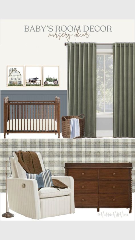 Green Plaid Nursery, Vintage Farm Nursery, Nursery Set Up Layout, Nursery Dark Furniture, Little Boy Nursery, Train Room Decor, Vintage Nursery Boy, Nursery Set Up, Brown Crib