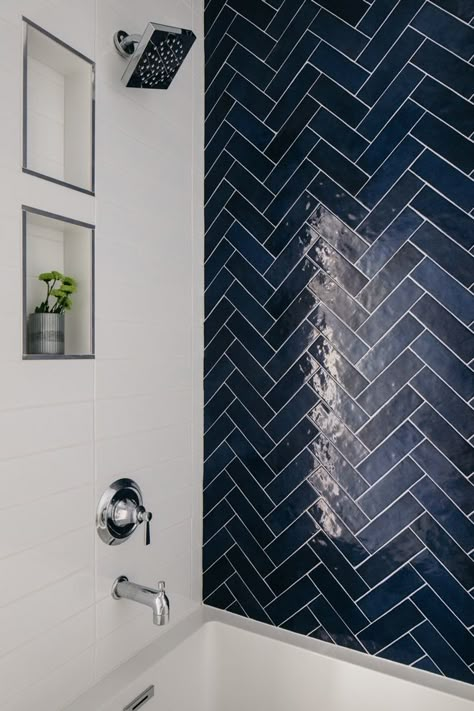 Bath Tile Combination Accent Tile in Herringbone Pattern combined with Large White Subway Tile Shower Bath Tile Combination Accent Tile in Herringbone Pattern combined with Large White Subway Tile Bath Tile Combination Accent Tile in Herringbone Pattern combined with Large White Subway Tile ideas #BathTile #Showertile #tileCombination #AccentTile #HerringbonePatternTile #LargeWhiteSubwayTile #LargeSubwayTile #WhiteSubwayTile #Tile Navy And White Subway Tile Bathroom, Navy And White Tile Bathroom, Shower Tile Combinations Wall, Blue Bath Tile, Large Herringbone Shower Tile, Blue And White Shower Tile Ideas, Boys Shower Tile Ideas, Navy Shower Tile, Navy Blue Bathroom Tile