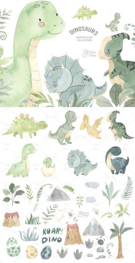 Artistic Assortment: Watercolour Clipart Creatures Dino Activity, Dino Footprint, Dinosaur Clipart, Creative Clips Clipart, Dinosaur Birthday Party Decorations, Watercolor Collection, Baby Shower Clipart, Art Birthday Party, Baby Dinosaurs