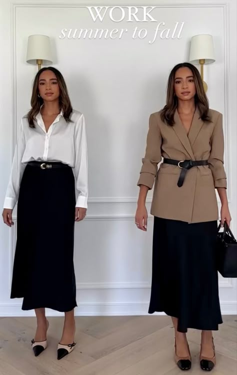 Skirt Formal Outfit Business, Maxi Skirt Formal Outfit, Satin Skirt Outfit Business Casual, Silk Skirt Work Outfit, Bussines Women Outfit, Luxury Fall Workwear Skirt, Chic Workwear Skirt, Silk Skirt For Workwear In Fall, Corporate Attire Women Skirt