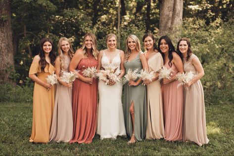 All Different Colored Bridesmaid Dresses, Bridesmaid Pallet Colour Palettes, Different Color Brides Maids Dresses, Brides Maids Different Colored Dresses, Bridesmaids Multiple Colors, Multi Bridesmaid Dresses, Color Family Bridesmaid Dresses, Mixed Bridal Party Dresses, August Wedding Colors Bridesmaid Dress