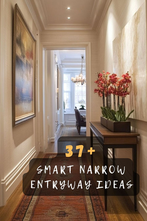 Maximize your space with 37 smart narrow entryway ideas. 🚪 These creative solutions feature space-saving designs, clever storage, and stylish decor to make the most of your limited entryway. Ready to transform your entry? Click to explore all the narrow ideas! #NarrowEntryway #SmartDesigns #SpaceSaving #CleverStorage #StylishDecor Narrow Entryway With Storage, Hallway Entry Decorating Ideas, Narrow Foyer Table, Decorating Narrow Entryway, Narrow House Entrance, Narrow Console Table Decor, Small Enclosed Entryway Ideas, Long Entryway Decor Hallway Ideas, Very Narrow Entryway Ideas