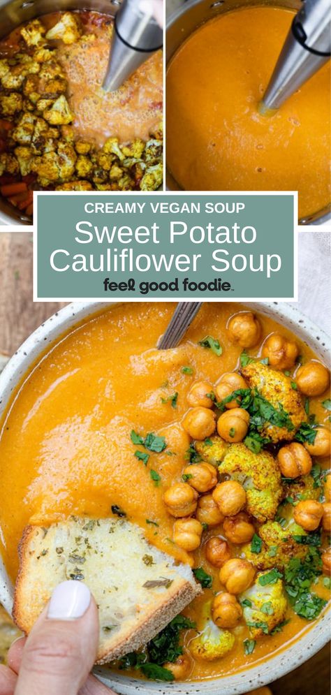 Potato And Cauliflower Soup, Creamy Vegan Soup, Potato Cauliflower Soup, Sweet Potato Cauliflower, Vegan Soup Recipes, Sweet Potato Soup, Cauliflower Soup, Vegetarian Soup, Vegan Soup