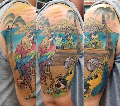 Tattoo by Doozer Soto #parrotheadtattoo #margaritaville #jimmybuffetttattoo #jimmybuffet #doozersototattoo #tagtheqc #iowatattoo #davenportiowa #midwesttattoo Jimmy Buffet Tattoo Ideas, Jimmy Buffet Tattoo, Margaritaville Tattoos, Margaritaville Tattoo Ideas, Margaritaville Tattoo, Jimmy Buffett Tattoo Ideas, Jimmy Buffett Tattoo, Parrot Tattoo, Song Tattoos