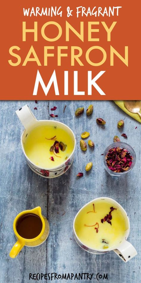 We all need to be drinking mugs of this spiced fragrant and warming honey saffron milk. 5 minutes and a few ingredients are all you need to make this honey milk that your whole family will love. #saffronmilk #honeymilk #warmmilk #milk #honey #milk #drink #breakfast Saffron Milk Recipes, Saffron Drink Recipes, Saffron Tea Recipe, Hot Milk Drink, Saffron Drink, Turmeric Milk Tea, Almond Milk Drinks, Moon Milk Recipe, Saffron Milk