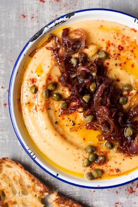 Greek fava with caramelised onions - Lazy Cat Kitchen Greek Fava, Burrito Vegan, Vegetarian Appetizer, Caramelised Onions, Vegan Dips, Lazy Cat Kitchen, Vegan Greek, Glutenfree Recipe, Fava Bean