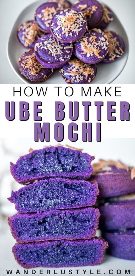 Filipino Desserts Recipes, Butter Mochi Hawaiian, Mochi Ube, Ube Butter Mochi, Butter Mochi Cake, Ube Butter, Hawaiian Butter Mochi, Butter Mochi Recipe, Ube Dessert Recipe