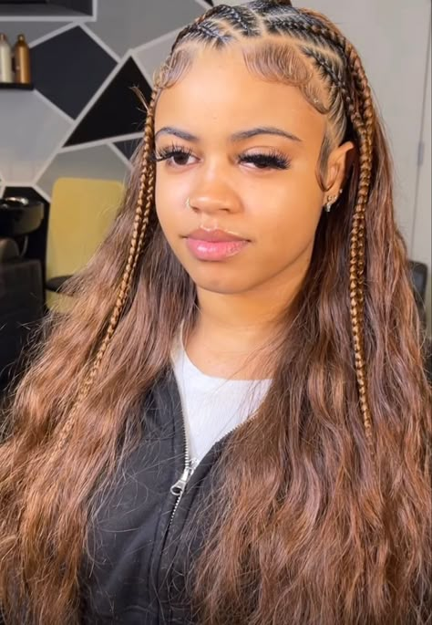 Stitch Goddess Braids, Half Fulani Half Sew In, Half Braids Half Straight Hair, Half Rubber Band Half Sew In, Fulani Sew In Hairstyles, Half Sew In, Half Braid Half Sew In, Braids With Leave Out, Fulani Sew In