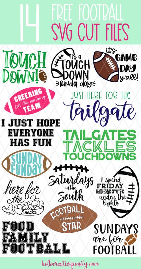 Whether you are into high school football, the NFL, CFL or only tune in for the Super Bowl, you are going to love these 14 free Football SVGs! Perfect for making shirts for game day using your Cricut or Silhouette! #CricutMaker #CricutMade #CricutCreated #Silhouette #SilhouetteCameo #Football #CutFiles #SVGFiles #FootballCrafts #Superbowl #HighSchoolFootball Nfl Svg Files Free, Football Night, Football Crafts, Football Shirt Designs, Expressions Vinyl, Cricut Expression, Free Football, Free Silhouette, Cricut Tips