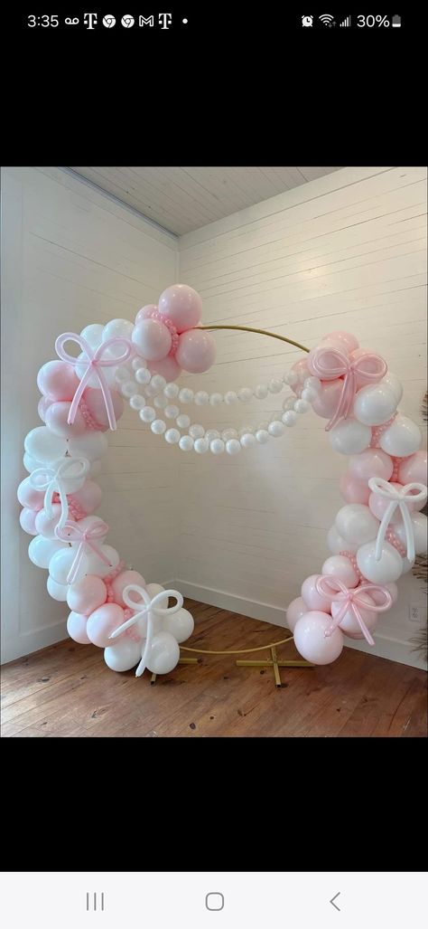 Balloon Arch 16 Birthday, Pink Bow Balloon Arch, Coquette Party Decoration Ideas, Coquette Party Decor, Pearl Baby Shower Ideas, Coquette Birthday Party Decorations, Pearl Balloon Garland, Coquette Quinceañera, Coquette Birthday Party