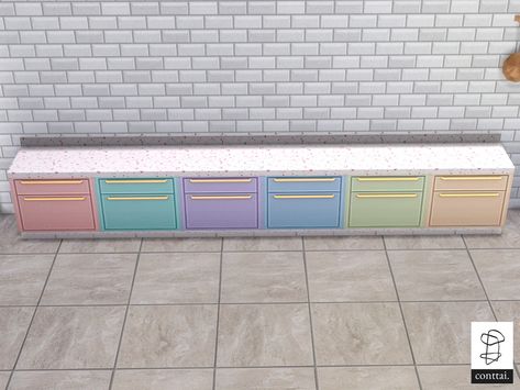 Lilac Kitchen, White Kitchen Set, Pastel Kitchen, Life Kitchen, Sims 4 Kitchen, Sims 4 Challenges, Apple White, Purple Walls, Terrazzo Flooring