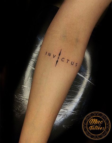 Pure Tattoo Design, Invictus Tattoo Ideas, Invictus Tattoo, Small Tattoos For Boys, Word Tattoos On Arm, Poem Tattoo, Simple Arm Tattoos, Atlas Tattoo, Tattoos To Cover Scars