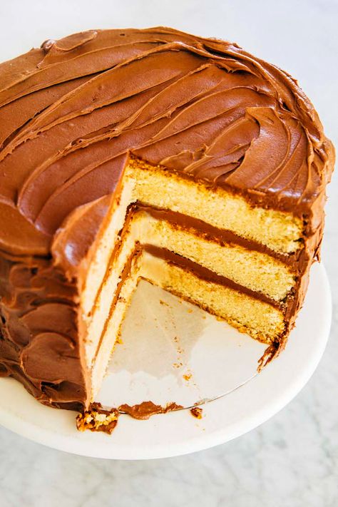 Yellow Cake And Chocolate Frosting, Yellow Layer Cake With Chocolate Icing, Yellow Chocolate Cake, Layer Cakes Recipes, Yellow Cake Chocolate Frosting, Yellow Layer Cake, Yellow Cake With Chocolate Frosting, Buttermilk Yellow, Chocolate Frosting Recipe