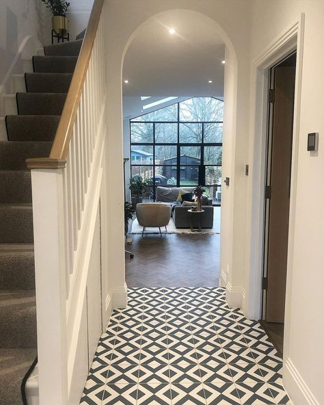 1930 Interior Design, Monochrome Hallway, 1930s House Extension, 1930s House Exterior, Hallway Tiles, 1930s House Interior, 1930s House Renovation, 1930s Home, House Renovation Design