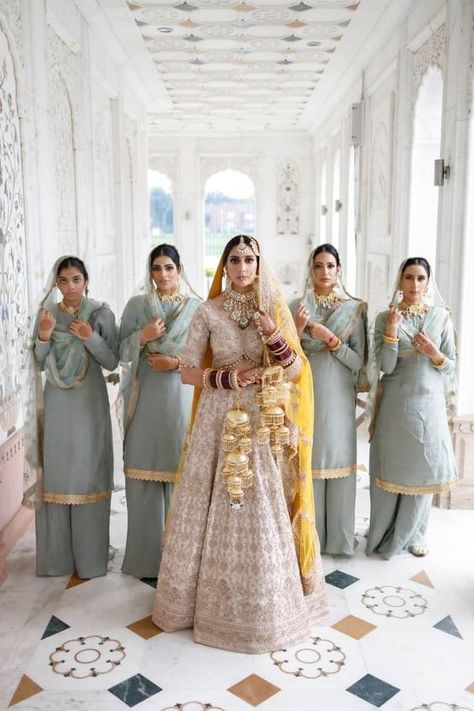 Indian Bride And Bridesmaids, Punjabi Wedding Bridesmaids, Punjabi Bridesmaids, Indian Bridesmaids Outfits, Bridesmaid Photography, Aqua Bridesmaid Dresses, Bridesmaid Suits, Indian Fits, Indowestern Dresses