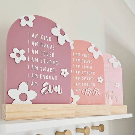 Daisy Room Design: Nursery Kids Room | Affirmation Arches | Pink Coral Orange Purple Room design Acrylic Nursery Decor, Xtool P2 Project Ideas, Purple Room Design, Daisy Room, Purple Room, Acrylic Keepsakes, Idee Cricut, Cricut Baby, Laser Cut Wood Crafts