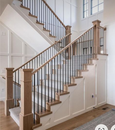 Interior Stairway Designs, Farmhouse Interior Stairs, Stairs And Banister Ideas, Stairs Up And Down, Modern Craftsman Staircase, Modern Farmhouse Millwork, Modernize Staircase, Timeless Stair Railing, Redone Staircase