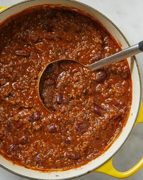 Overhead shot of chili in a yellow pot with a metal ladle resting in it. Beef Chili Recipe, Best Chili Recipe, Chilli Recipes, Chili Recipe Easy, Beef Chili, Grilled Chicken Recipes, No Bean Chili, Chili Recipe, Chili Recipes