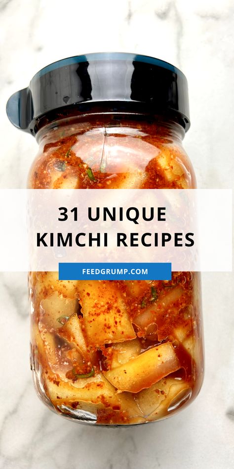 jar of kimchi Different Types Of Kimchi, Apple Kimchi Recipe, Types Of Kimchi, Korean Fermented Foods, Cucumber Kimchi Recipe Korean, Fruit Kimchi, Watermelon Kimchi, Kimchi Vegetables, White Kimchi Recipe