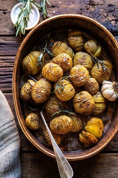 Crispy Rosemary Butter Roasted Potatoes Date Night Potatoes, Half Baked Harvest Carrots, Vegetarian New Years Eve Dinner, Hosting Dinner Recipes, Harvest Rosemary, Christmas Dinner Aesthetic, Unexpected Recipes, Southern Christmas Recipes, Butter Roasted Potatoes