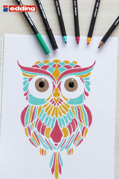 For this beautiful owl drawing, you can choose your colour scheme individually! Take the whole palette or use your favourite combinations and become an artist realising your colourful ideas. Share pictures of your art to inspire others and encourage them to express their creativity! Colour Schemes Drawing, Cool Colour Scheme Drawing, Tertiary Colors Drawing Ideas, Colour Pen Drawing Ideas, Tertiary Colours Art Ideas, Tertiary Colors Drawing, Sketch Pen Art Colour, Drawing With Sketch Pens, Owl Drawing Color