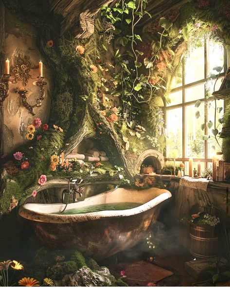 Fairy Bathroom Aesthetic, Mossy Bathroom, Hufflepuff Bathroom, Enchanted Bathroom, Fairy Bathroom Ideas, Enchanted Forest Bathroom, Fairytale Bathroom, Fairytale Cottage Interiors, Fantasy Cottage Interior