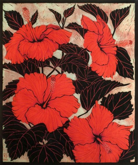 HIBISCUS 40 X 33.5 CM    EDITION OF 50 PIGMENT PRINT FROM A REDUCTION LINOCUT ON HANDMADE JAPANESE PAPER $850 Hibiscus Linocut, Rachel Newling, Reduction Linocut, Rosa China, Katie Scott, Lino Cuts, Woodcut Art, Birds Of Paradise Flower, Koi Art