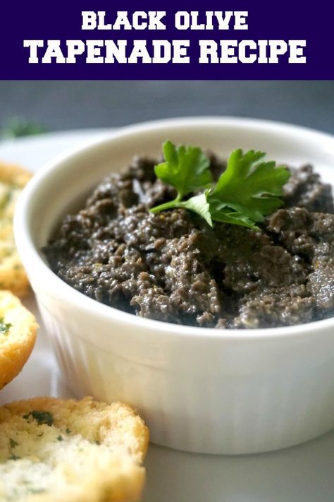 Black Olive Tapenade Recipe, the ultimate party appetizer that is so quick and easy to make, but so big on flavours. The tapenade is made with black olives, anchovies, capers, dijon mustard, lemon juice and olive oil, and blended together to create a simple, but delicious dip for every occasion.Serve it with crostini or bruschetta, or just some simple toast. The best party food for Game Day, New Year's Eve or any other party. #tapenade, #olivetapenaderecipe, #partyappetizer, #gameday, #healthy Black Olive Tapenade Recipe, Black Olive Tapenade, Olive Tapenade Recipe, Tapenade Recipe, Chicken Appetizers, Small Dishes, Olive Tapenade, Best Party Food, Meat Appetizers