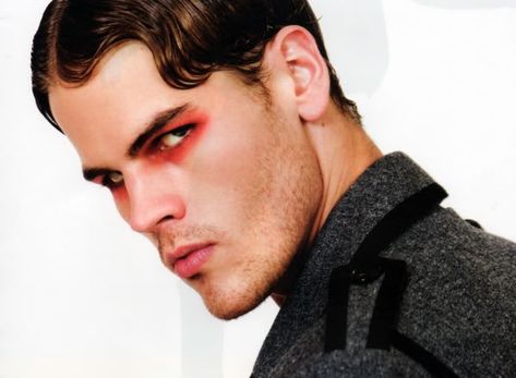 Mens makeup. Simple. Red shadow. Fingerwave. Mens Makeup, Red Shadow, Red Eye Makeup, Makeup Simple, Make Up Inspiration, Red Eyeshadow, Basic Skin Care Routine, Runway Makeup, Mens Editorial