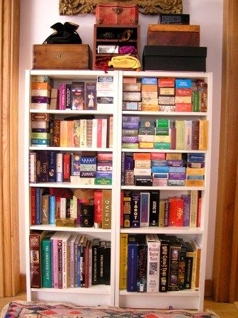 An entire bookcase to organize, store, and display tarot cards and oracle cards Tarot Deck Organization, Tarot Storage Ideas, Tarot Deck Storage Ideas, Tarot Card Storage Ideas, Tarot Deck Storage, Tarot Card Display Ideas, Tarot Card Storage, Tarot Organization, Tarot Card Organization