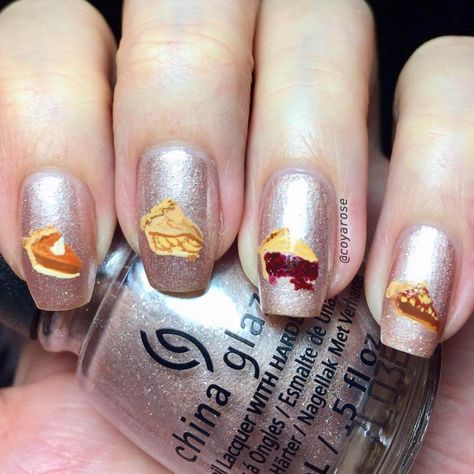 Pumpkin, Apple, Olallieberry and Pecan Pie. Free Hand Nail Art Designs. By Nicoya Grobman Pie Nails, Free Hand Nail Art, Hand Nail Art, Eyes Nails, Red Delicious Apples, Thanksgiving Nail Designs, Gel Acrylic Nails, Cute Nail Art Designs, Pumpkin Apple