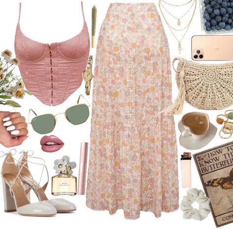 Goddess Outfit Casual, 2023 College Fashion, Cottagecore Aesthetic Outfits Casual, Sierra Cannon Outfits, Bodysuit With Skirt Outfits, Modest Mouse Concert Outfit, Pink Boho Outfits, Girly Hippie Outfits, Cute Soft Aesthetic Outfits