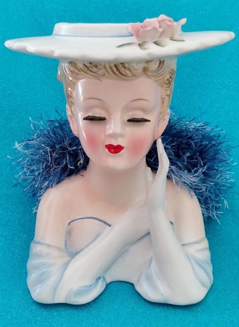 Vintage 1950’s LEFTON Lady Head Vase # 2705; Blue Strapless Gown & Hat; MINT | eBay Wall Vase Decor, Ceramic Lady Heads, Elbow Length Gloves, Face Vase, Head Planters, Vases For Sale, Head Vase, Strapless Gown, White Vases