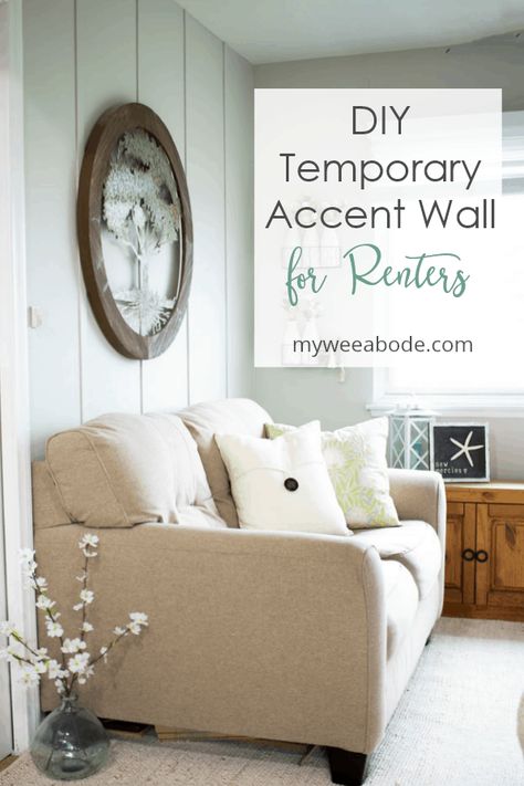 This tutorial will show you how to add a temporary accent wall to your tiny home, apartment, rental space, or dorm. Easy to remove, this diy feature wall is affordable and adds value and style to any home. #myweeabode #accentwall #diyproject #homeimprovement Diy Rental Accent Wall, Feature Wall Ideas Apartment, Accent Wall Ideas Apartments, Rental Accent Wall Apartments, Apartment Bedroom Accent Wall, Apartment Feature Wall, Accent Wall In Apartment, Temporary Accent Wall Ideas, Affordable Accent Wall