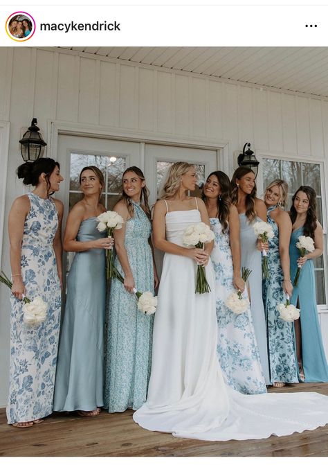 Blue Tones Bridesmaid Dresses, Blue Tones Wedding, Coastal Wedding Bridesmaids, Dusty Blue Bridesmaid Dresses With Groomsmen, Wedding Ideas September, Light Blue Wedding Party, Uneven Bridal Party, Blue Wildflower Wedding, Blue Green Wedding