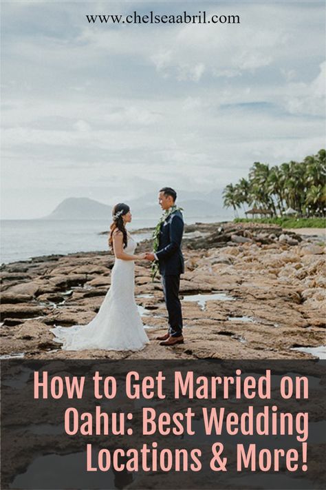 Looking to get married on Oahu? This full guide to planning an Oahu wedding, including the best locations, vendors, & more! Oahu wedding | Hawaii wedding Ideas | Hawaiian wedding | Hawaiian wedding dress | Tropical wedding dress Small Hawaii Wedding Oahu, Hawaii Small Wedding, Hawaii Vow Renewal Ideas, Beach Wedding Hawaii, Oahu Wedding Reception, Wedding Dress Tropical, Tropical Wedding Dress, Hawaiian Beach Wedding, Hawaiian Elopement