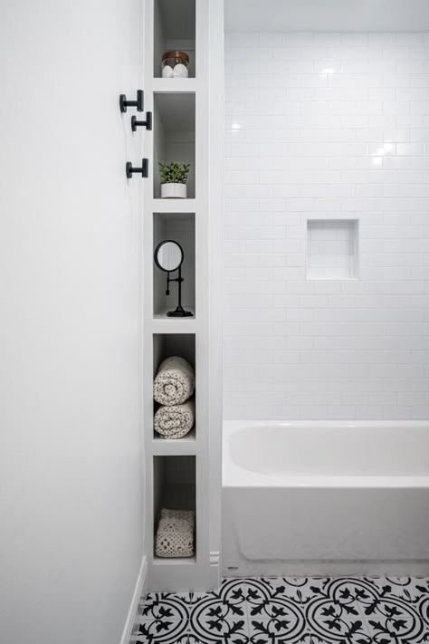 Towel Shelving In Bathroom, Bathtub Shower Shelves, Beside The Shower Storage, Towel Cubby In Bathroom, Bathroom Remodel Pony Wall, Vertical Bathroom Storage, Shelves Next To Bathtub, Narrow Built In Shelves Bathroom, Storage Next To Bathtub