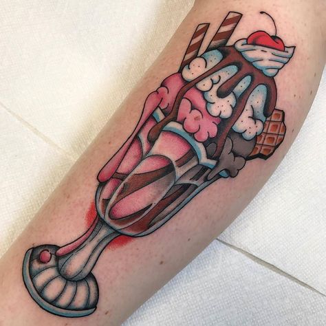 Cherry Topped Sundae by @ggtattoos at @keycitytattoo in Frederick Maryland. #sundae #icecream #snack #chocolate #cherryontop #ggtattoos #keycitytattoo #frederick #maryland #tattoo #tattoos #tattoosnob Ice Cream Truck Tattoo, Cute Ice Cream Tattoo, Strawberry Milkshake Tattoo, Traditional Ice Cream Tattoo, Ice Cream Tattoo Ideas, Rockabilly Tattoo Sleeve, Dessert Tattoo, Ice Cream Tattoo, Rockabilly Tattoo