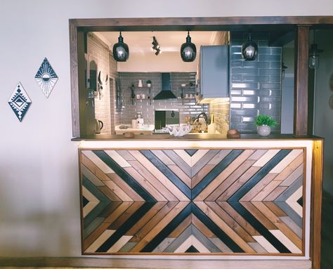 Country kitchen, boho chic, Aztec style, Aztec pattern, wood panel, urban tribal pattern Aztec Kitchen Island, Aztec Kitchen Ideas, Country Boho Kitchen, Aztec Kitchen Decor, How To Decorate Kitchen Shelves, Aztec Kitchen, Mexico House Ideas, Southwestern Kitchen, Coastal Apartment