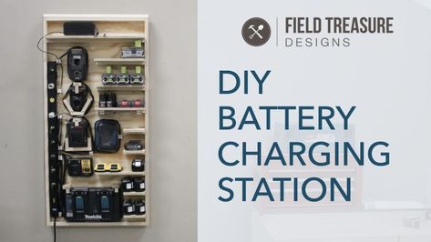 DIY Battery Charging Station | Field Treasure Designs Bosch Router, Battery Charging Station, Power Tool Storage, Easy Build, Diy Garage Storage, Shop Storage, Stud Walls, Unique Diy Gifts, Diy Garage