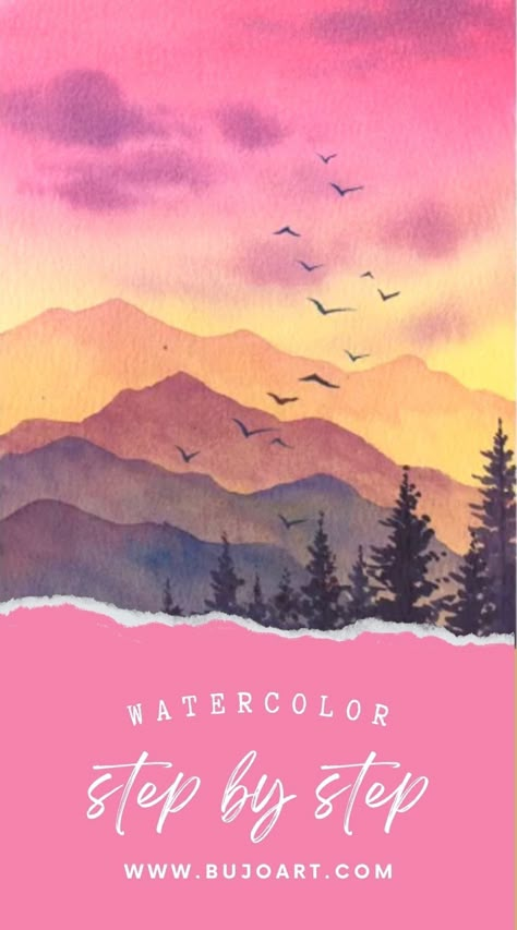 Sunset Mountain Watercolor: A Step-by-Step Tutorial – BUJO ART Fall Watercolor Paintings Landscapes Easy, Mountain Scape Watercolor, Watercolor How To Paint, Watercolor Art For Beginners Step By Step Sunset, Abstract Watercolor Mountains, Watercolour Lessons Step By Step, Watercolor Sunset Easy Tutorial, How To Watercolor Mountains, Watercolor Pencil Tutorial Step By Step