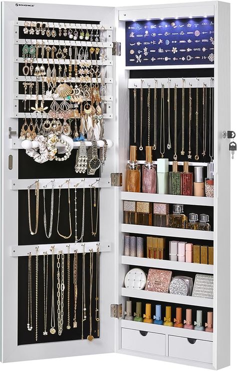 Amazon.com: SONGMICS 6 LEDs Mirror Jewelry Cabinet, 42.5-Inch Tall Lockable Wall or Door Mounted Jewelry Armoire Organizer with Mirror, 2 Drawers, 3.7 x 14.6 x 42.5 Inches, White UJJC99WT : Clothing, Shoes & Jewelry Redecorate Room, Jewelry Storage Wall, Jewelry Table Display, Dark Green Living Room, Home Library Decor, Wall Mounted Jewelry Armoire, Hacienda Homes, Jewelry Closet, Mounted Cabinet