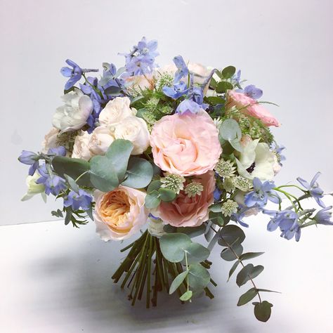 Blue Peach Wedding Flowers, Pink Blue Wedding Flowers, Blue Peach Bouquet, Blue And Peach Bouquet, Blue White And Peach Bridal Bouquet, Pink Peach Blue Wedding Flowers, Purple Flower Arrangements, Peach Wedding Bouquet, Eucalyptus Wedding Bouquet