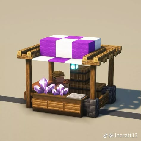 Minecraft Food Stall Ideas, Minecraft Bait Shop, Market Place Minecraft Build, Minecraft Market Build, Minecraft Bell Stand, Minecraft Crystal Shop, Minecraft Merchant Stall, Minecraft Market Square, Minecraft Cash Register