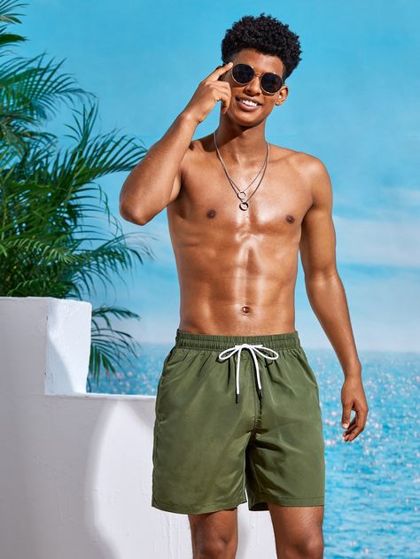 Army Green Vacation   Polyester Plain Bottoms  Non-Stretch  Men Swimwear Male Swimwear Aesthetic, Men’s Bathing Suits, Men Swimwear Aesthetic, Men Bathing Suits, Bathing Suits Men, Boyfriend Clothes, Male Swimwear, Summer Era, Swimsuit For Men