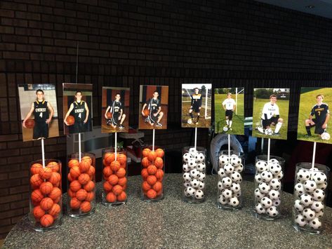 HS Graduation Open house centerpieces. Had 12 tables. Used the 3 sports my son played (golf not in picture) Put bouncy basketballs, soccer balls and real golf balls in vase then added each years' (freshman - Senior) individual sport picture. The Table, Soccer, Golf, Sports, Wall, Football