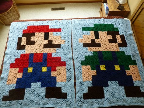 Luigi Crochet Blanket, Mario Granny Square Blanket, Granny Square Character Blanket, Crochet Mario Blanket, Granny Square Pixel Blanket, 8 Bit Crochet, Mario Blanket, Mario Pattern, Mario Quilt