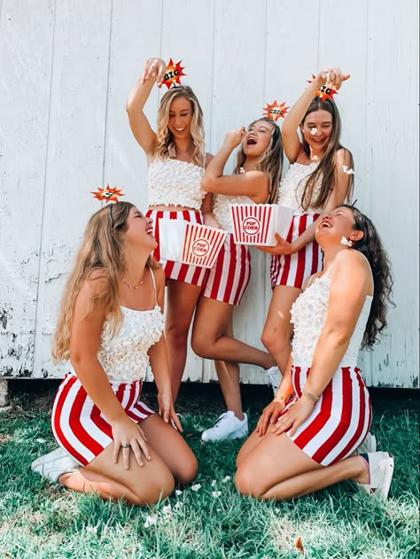 Circus Theme Cheer Outfits, Throwback Cheer Theme, Group Costumes For 5 People, Circus Sorority Theme, Sorority Carnival Theme, Theme Outfits For Groups, Cute Circus Outfits, Bug Little Themes Sorority, Carnival Theme Outfit