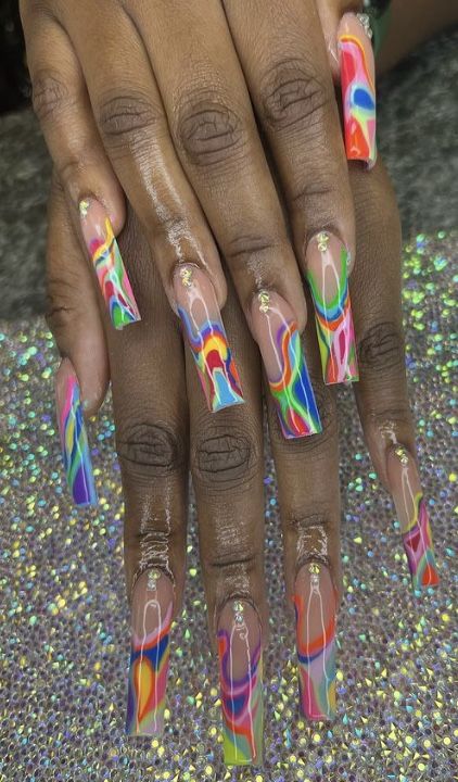 Multi Colour Nails, Multi Coloured Nails, Coloured Nails, Silver Nails, Prom Nails, Nail Inspo, Multi Colored, Nail Colors, Acrylic Nails